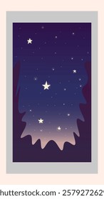 Abstract Retro Landscape Forest Night Sky Dark Blue  Mobile Wallpaper Nature Stars Vector Design In White Gray Frame Picture