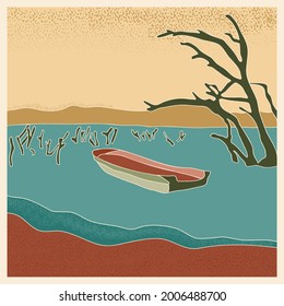 Abstraktes Retro-Landschaftsposter. Stilboot im See mit trockenen Baumstämmen, Berge am Horizont, Vektorgrafik mit Geräuschen