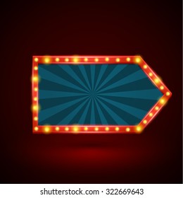 Abstract retro light arrow banner with light bulbs on the contour. Vector illustration. Can use for promotion advertising.