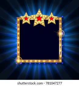 Abstract retro light banner with light bulbs on the contour. Isolated on dark background. Vector illustration, eps 10.
