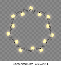 Abstract retro light frame. Realistic color garlands, festive decorations. Glowing lights isolated on transparent checkered. Vector illustration