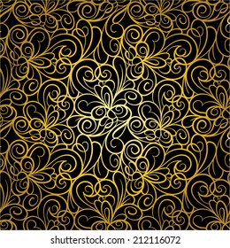 Abstract retro luxury seamless swirl background pattern in vector. Golden lace endless texture