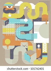 Abstract retro man with paper document. Vector illustration in retro style.