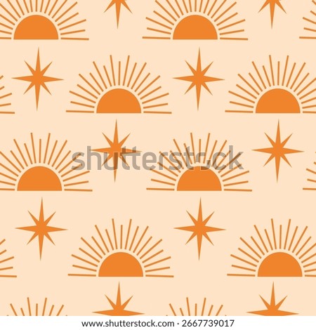 Abstract retro mid century half sun sunrise with atomic starbursts in orange over cream background. For wallpaper, home décor and fabric 
