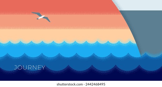 Abstract retro minimal cruise liner travel horizontal banner. Sea voyage on holiday vintage poster. Ocean passenger ship on vacation trendy minimalist placard. Summer marine journey design template