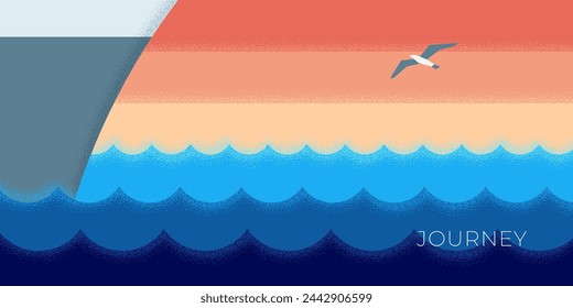 Abstract retro minimal cruise liner travel horizontal banner. Sea voyage on holiday vintage poster. Ocean passenger ship on vacation trendy minimalist placard. Summer marine journey design template