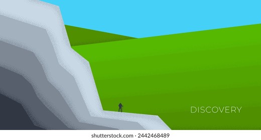 Abstract retro minimal hiking travel horizontal banner. Tourist stand on mountain on fields background on vintage poster. Outdoor recreation on vacation trendy minimalist placard. Adventures in nature