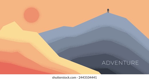 Abstract retro minimal hiking travel horizontal banner. Tourist stand on mountain on sunset sky background on vintage cover. Outdoor recreation on vacation trendy minimalist placard. Nature adventure