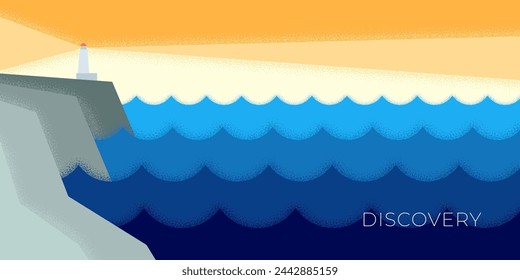 Abstract retro minimal horizontal banner with lighthouse on rock on sea. Geometric seascape vintage poster. Graphic beacon on ocean harbour scene on trendy minimalist vector eps print