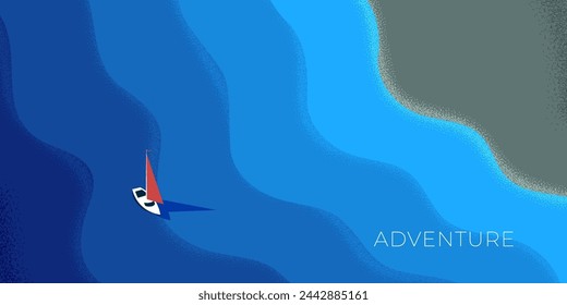 Abstraktes Retro Minimal Ocean Travel horizontales Banner. Seereise auf Yacht auf Vintage Poster. Segelschiff und Küste auf dem trendigen minimalistischen Plakat. Sommer Marine Segelboot Reise eps Design