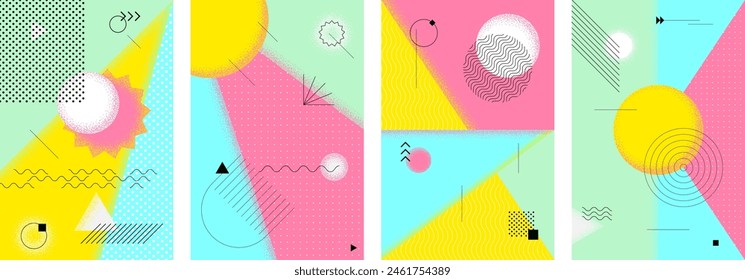 Abstract retro minimal summer brutalism poster set. Vintage print memphis geometric sun. Summertime bauhaus pattern vacation party graphic design. Modern trendy minimalist seasonal art background. Eps