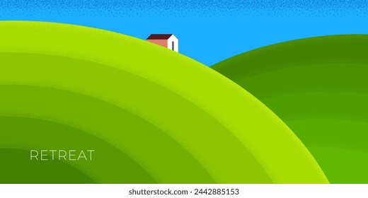 Abstract retro minimal summer country rest horizontal banner. Geometric green fields and farm house on vintage poster. Graphic rural scene on trendy minimalist summertime holiday vacation vector print