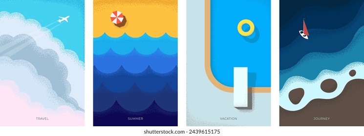 Abstract retro minimal summer travel poster set. Plane flies in clouds on holiday vintage print. Yacht on sea and beach with swimming pool on vacation trendy minimalist eps placard. Summertime journey