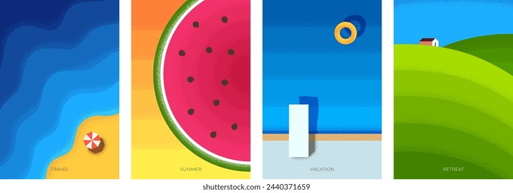 Abstract retro minimal summer travel and rest poster. Vintage print retreat on village in field and beach. Graphic watermelon background and tourist vacation swimming pool. Trendy minimalist placard