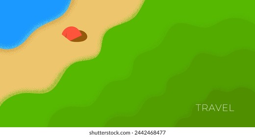 Abstract retro minimal summer travel horizontal banner. Campsite tent on lake shore and wild forest on holiday vintage poster. Hiking adventure vacation trendy minimalist placard. Scouts camp vector