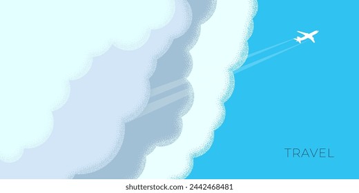 Abstract retro minimal summer travel horizontal banner. Plane flies in clouds on holiday vintage poster. Flight on vacation trendy minimalist placard. Summertime sky journey vector eps design template