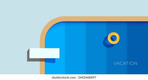 Abstract retro minimal summer travel horizontal banner. Swimming pool with diving board and inflatable ring on holiday vintage poster. Hotel vacation trendy minimalist placard. Summertime journey. Eps