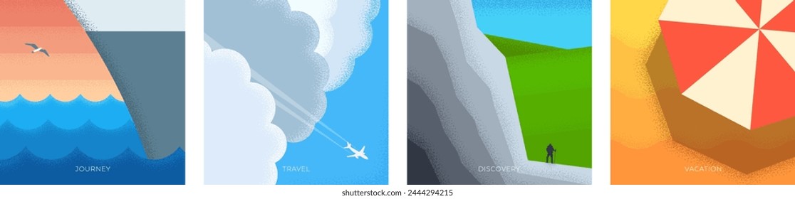 Abstract retro minimal summer travel square banner. Vintage print cruise ship at sea. Beach umbrella on sand background and tourist vacation hike mountain. Plane fly in sky trendy minimalist cover