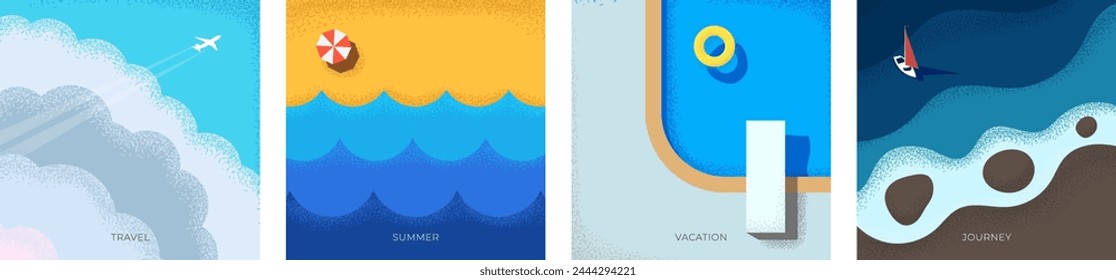 Abstrakter Retro Minimal Summer Travel Square Banner. Flugzeug fliegt in Wolken Urlaub Vintage Print. Yacht auf Meer und Strand mit Swimmingpool auf Urlaub trendige minimalistische EPS-Poster. Sommerreise