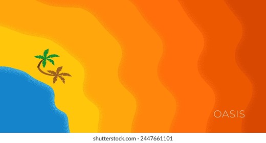 Abstract retro minimal summer travel horizontal banner. Oasis in desert on holiday vintage poster. Water among dry hot Sahara sands with palm tree. Trendy minimalist placard. Summertime journey design