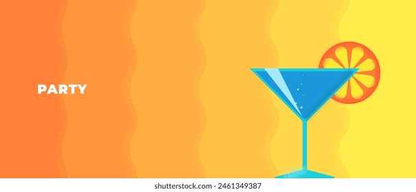 Abstract retro minimal summer travel horizontal banner. Vintage print rest on sea beach with cocktail glass on sand. Summertime tourist vacation party graphic design. Trendy minimalism seasonal cover