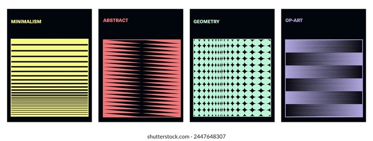 Abstract retro minimalistic print. Abstract futuristic simple composition, black background. Cyber Op-art illustration. Invite to music festival. Flyer design template with geometry. Gentle colors.