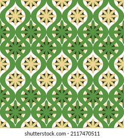 Abstract Retro Moroccan Damask Style Floral Motif Vertical Waves Florals Seamless Pattern Trendy Fashion Colors Chic Vector Design Perfect for Allover Print Interior or Fabric Bright Green Tones