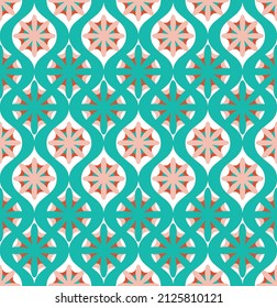 Abstract Retro Moroccan Damask Style Floral Motif Vertical Waves Florals Seamless Pattern Trendy Fashion Colors Chic Vector Design Perfect for Allover Print Interior or Fabric Tiffany Blue Tones