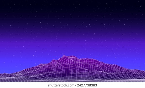 Montañas retro abstracto sobre fondo de cielo estrellado. Mapa topográfico 3D del terreno planeta Tierra. Vector paisaje de cuadrícula con líneas y puntos. Piso de alambre digital futurista en estilo de los años 80 y 90.