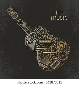 Abstract retro music creative cover in guitar shape. Vector illustration concept design. I love music - thin line colorful icons collection. Design concept for poster banner emblem. Modern line style.