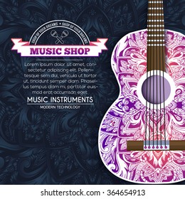 Abstract retro music creatives cover guitar on the background of the ornament. Vector illustration concept design