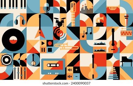 Abstract retro music geometric bauhaus pattern. Jazz music festival or concert live show vector wallpaper background or print with electric and acoustic guitar, vinyl record disc and piano, sound wave