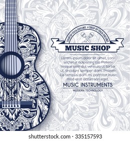 Abstract retro music guitar on blue floral background of the ornament concept. Art decorative, Islam, arabic, indian, ottoman motifs, elements. Vector modern greeting card or invitation design.