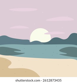 Abstract Retro Nature Landscape Sunset Lake Mountains Sand Calm Background Vector Design