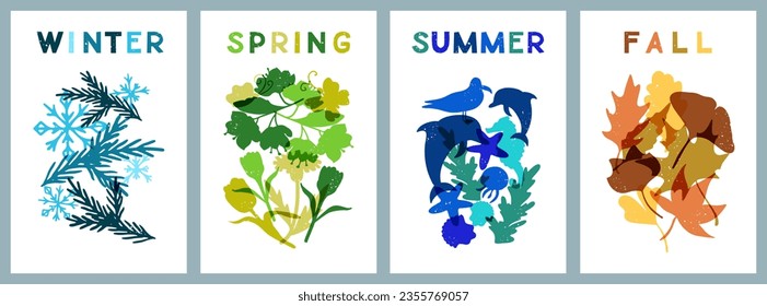 Abstract retro nature posters about four seasons. Minimalistic risoprint hand drawn concept illustration with grunge texture. Nature monochromatic silhouettes. Ideal for background, banner, poster