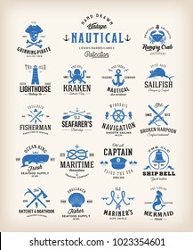 Abstract Retro Nautical Labels Collection. Vintage Sea Emblems, Signs or Logo Templates. Whales, Anchors, Octopus, Marmaid, etc. with Classic Typography. Isolated.