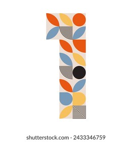 Abstract retro number 1 logo text. Geometric bauhaus style in colorful colors. Font month one template. Vector illustration