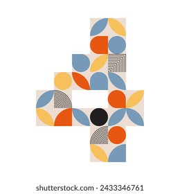 Texto abstracto del logo número 4 retro. Estilo bauhaus geométrico en colores coloridos. Plantilla de fuente mes cuatro. Ilustración de vector	
