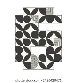 Abstract retro number 6 logo icon. Modern bauhaus style in monochrome colors. Font six template. Vector illustration
