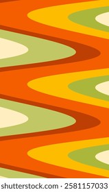 Abstract retro pattern design: flowing wavy lines in vibrant orange, yellow and green hues. Geometric 1970s aesthetic with bold curves and warm earthy tones creating dynamic movement.
