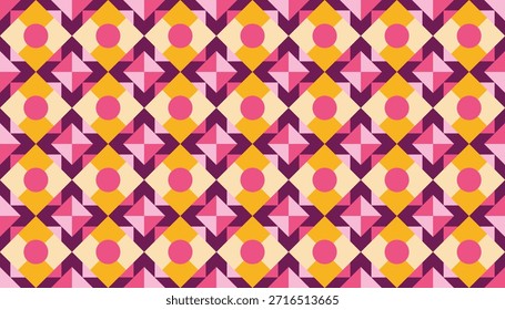 Abstractas patrón retro con diamantes y puntos en colores vibrantes.
Fondo geométrico repetitivo con elemento rosa y amarillo juguetón