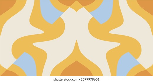 An abstract retro pattern with flowing curves in orange cream and light blue.