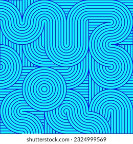 Abstract retro pattern of geometric shapes. Geometric wave circles background, vector. Seamless rounded pattern in light blue and blue