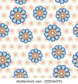 Abstract Retro Peony Flowers Seamless Pattern Trendy Fashion Colors Perfect for Allover Fabric Print or Wrapping Paper Minimal Vector Stylish Elegant Design Ecru Blue Tones