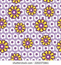 Abstract Retro Peony Flowers Seamless Pattern Trendy Fashion Colors Perfect for Allover Fabric Print or Wrapping Paper Minimal Vector Stylish Elegant Design Lilac Purple Yellow Tones