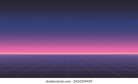 Abstract retro perspective grid. Vector futuristic polygonal background in the style of 80s and 90s. Detailed wireframe landscape with retro lines on black background. Digital space with mesh.