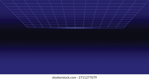 Abstractas cuadrícula de perspectiva retro. Fondo poligonal futurista de Vector en el estilo de los años 80 y 90. Paisaje detallado del wireframe con las líneas azules en fondo negro. Espacio digital con malla.