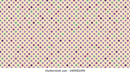 Abstract retro polka dot background pattern with gorgeous colors of purple pink and blue green in vintage palette on yellow beige. Wallpaper template or website banner design.