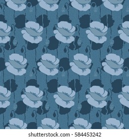 Abstract retro poppy flower summer seamless pattern. Soft, monochrome colors design for textile, digital print, paper or web background. Blue light and dark tints. 