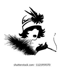 Abstract retro portrait of a woman in a hat. Fashion illustration black ink hand drawn silhouette. Vintage lady in furs hold a cigarette in the mouthpiece